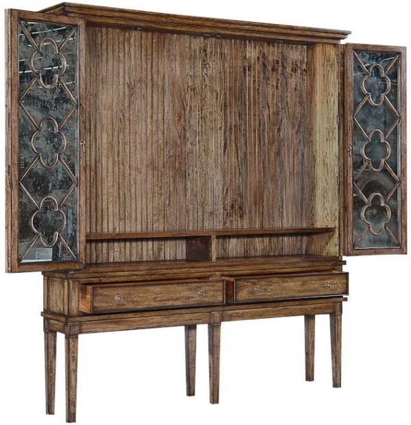 TV Cabinet Wilcox Raised Aged Mirror White Wood Quatrefoil BiFold Doors Drawers