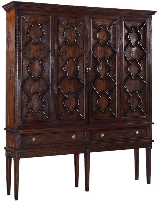 TV Cabinet Wilcox Raised Dark Rustic Pecan Solid Wood Quatrefoil BiFold Doors