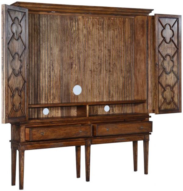 TV Cabinet Wilcox Raised Rustic Pecan Solid Wood Quatrefoil BiFold Doors Drawers