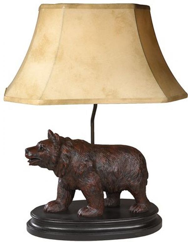Table Lamp Walking Bear Hand Painted OK Casting 3 Way  Linen Shade  USA Made