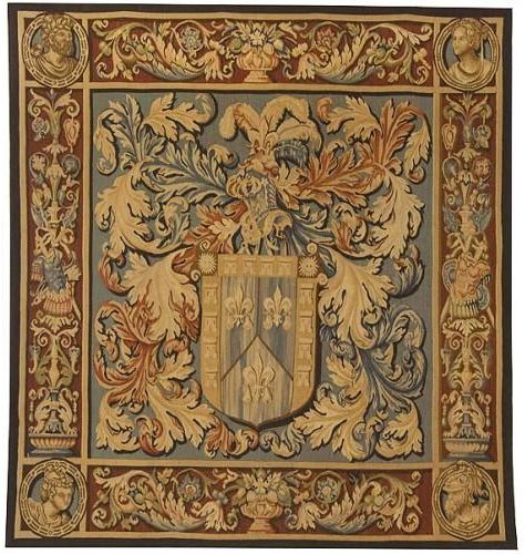 Tapestry Aubusson Fleur De Lis 53x57 57x53 Red Hand-Woven With Backing and Rod