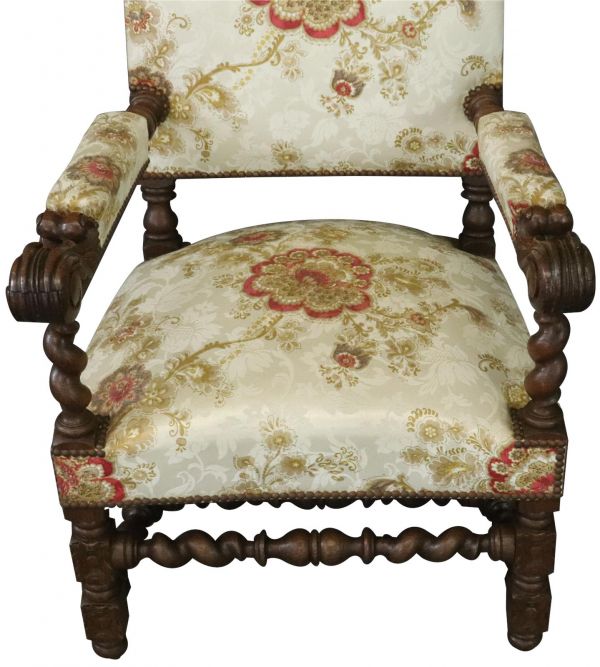 Thrones Pair Renaissance 1880 French Arm Chairs  Carved Oak  Floral Upholstery