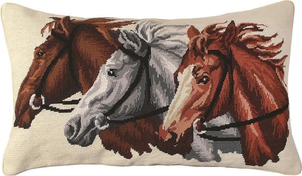 Throw Pillow Needlepoint Trio Horse 16x28 28x16 Beige Wool Cotton Velvet