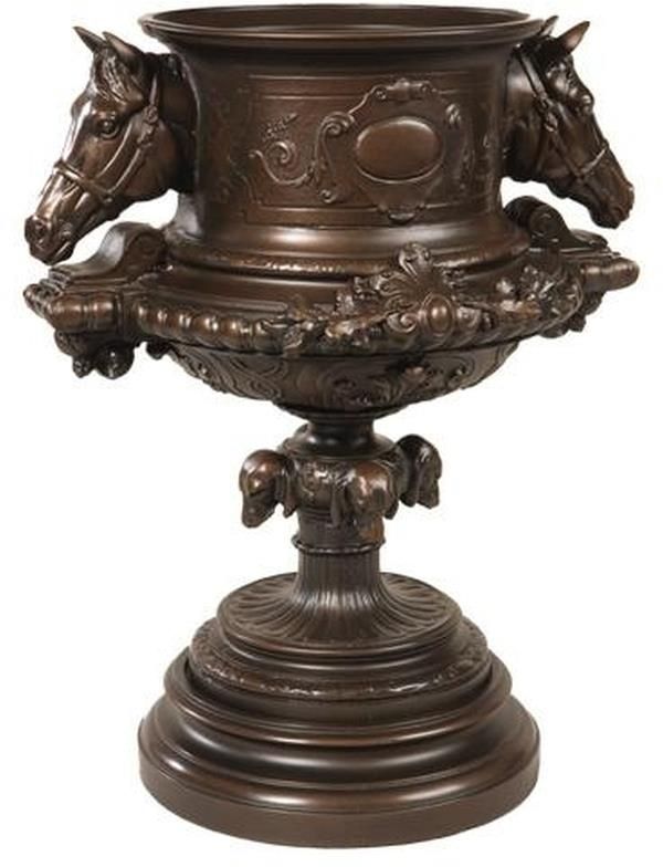 Urn Vase EQUESTRIAN Traditional Antique Dog Heads Horse Chocolate Brown Resin