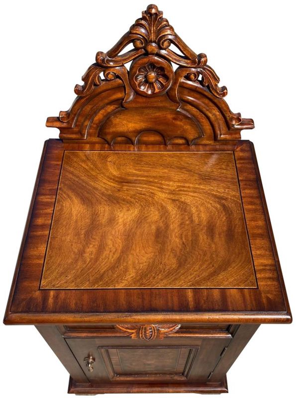 Victorian Nightstand Carved Mahogany  Burl Inlay Wood  1-Door 1-Drawer