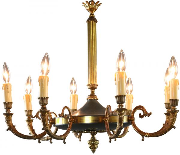 Vintage Chandelier Empire 8-Arm 8-Light French 1950 Antique Brass Metal