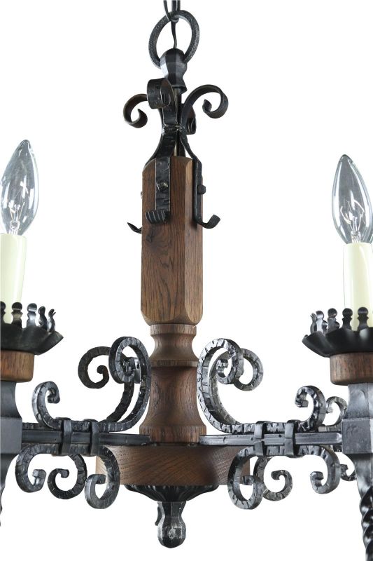 Vintage Chandelier Gothic 5-Light 5-Arm Black Iron Wood Metal