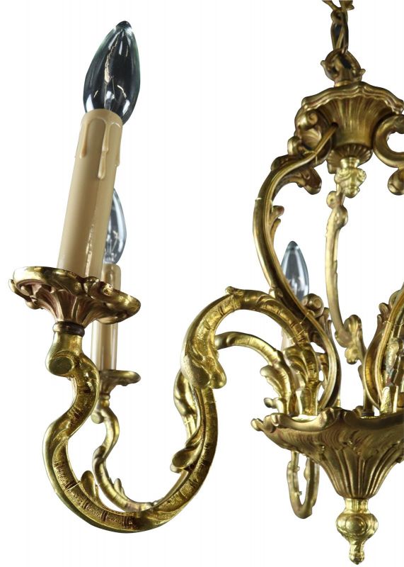 Vintage Chandelier Rococo 6-Light 6-Arm Brass Hammered Metal Bronze 25W