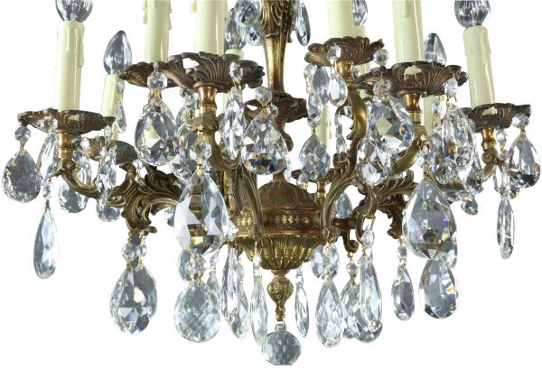 Vintage Chandelier Rococo 8-Arm 12-Light Glass Pendants Antique Brass Metal