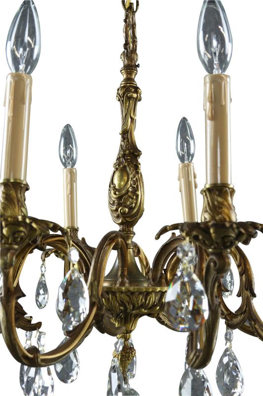 Vintage Chandelier Rococo Pear Shaped Glass Pendants 8-Light Antique Brass Metal
