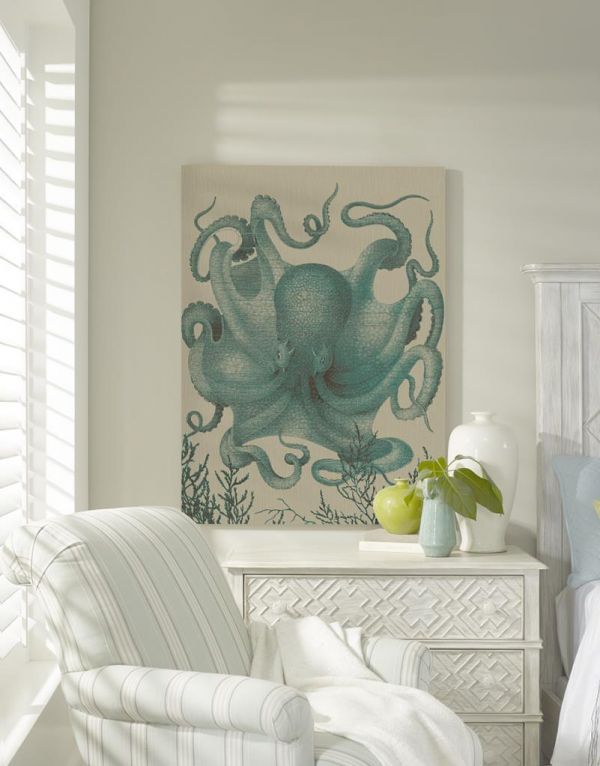 Wall Art Print 19th C Octopus III 29x40 40x29 Blue White Cream Linen