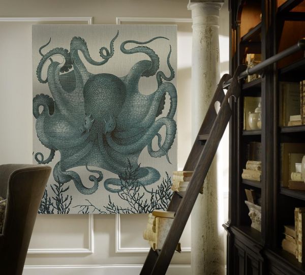 Wall Art Print 19th C Octopus III 29x40 40x29 Blue White Cream Linen