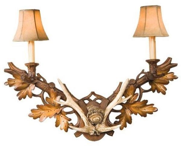 Wall Sconce Antlers Deer 2-Light Chestnut Cast Resin Faux Leather Shade