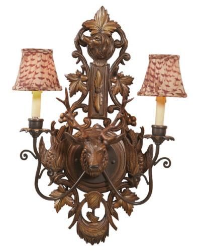 Wall Sconce MOUNTAIN Rustic Stag Pheasant Deer 2-Light Feather Pattern Shades
