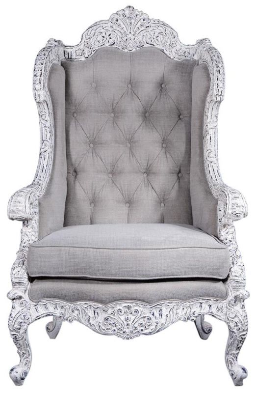 Wingback Chair Antiqued White Intricate Carved Wood Linen Tufted Upholstery