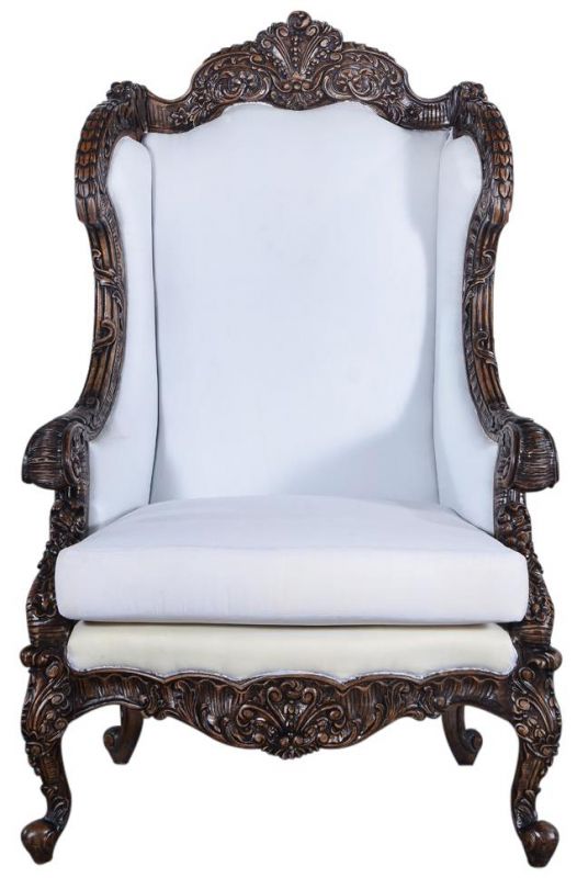 Wingback Chair Intricate Carved Wood Distressed Walnut Finish Muslin Upholstery