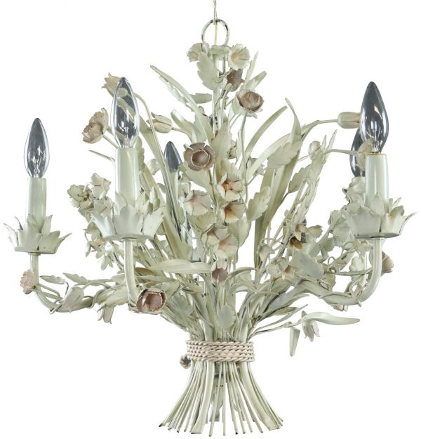 Vintage Chandelier French Country Flowers 5-Light 5-Arm White Metal Tole