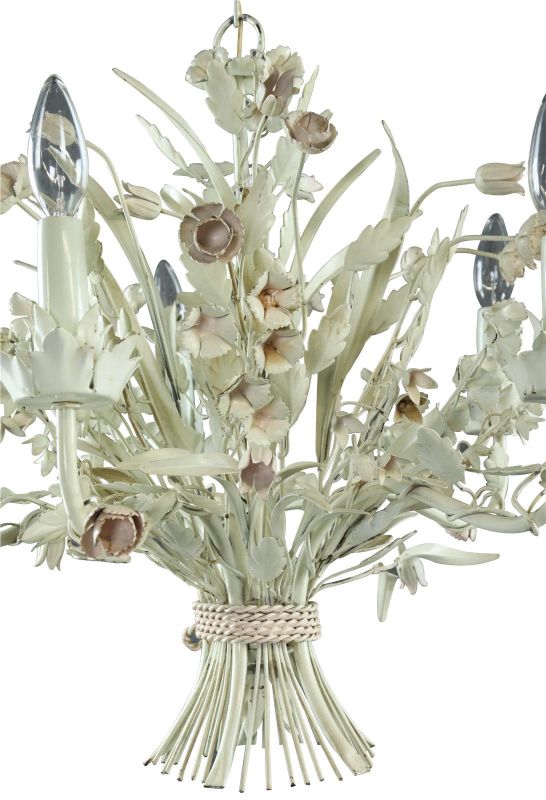 Vintage Chandelier French Country Flowers 5-Light 5-Arm White Metal Tole