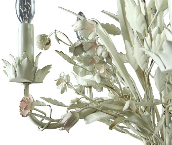Vintage Chandelier French Country Flowers 5-Light 5-Arm White Metal Tole