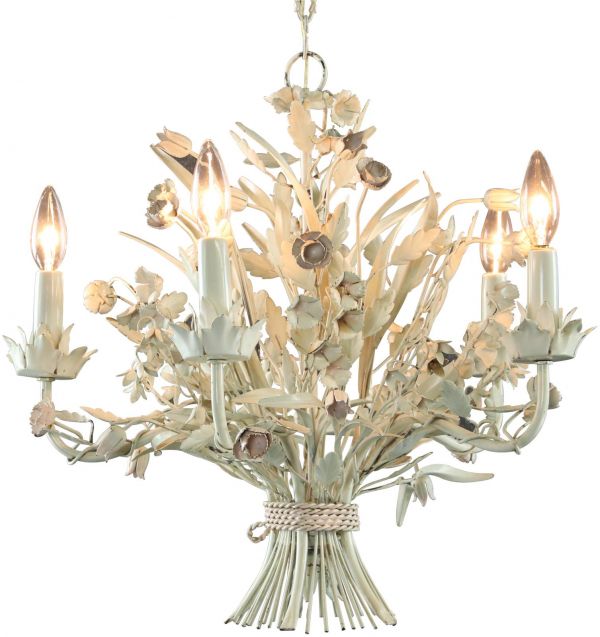 Vintage Chandelier French Country Flowers 5-Light 5-Arm White Metal Tole