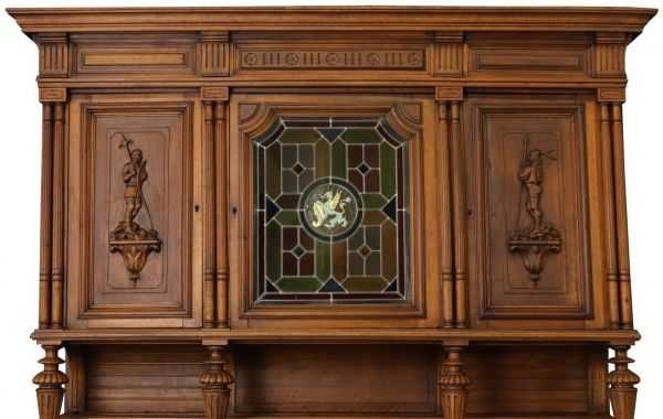 Buffet Henry II Renaissance Knight Lion Dragon Stained Glass Antique Walnut Wood