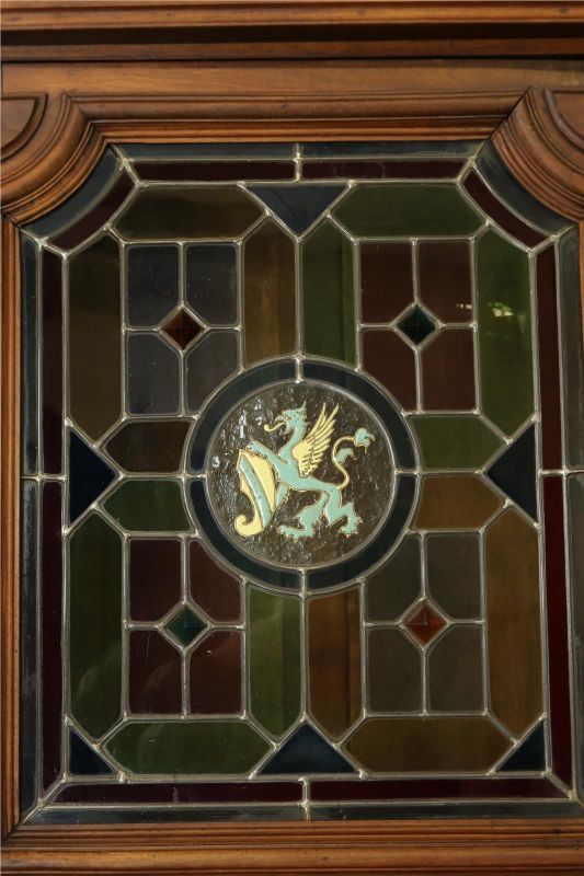 Buffet Henry II Renaissance Knight Lion Dragon Stained Glass Antique Walnut Wood