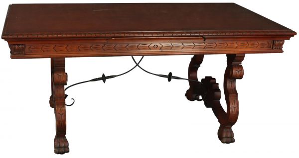 Table Renaissance Mahogany Vintage French 1950 Extending Leaf Wood Metal