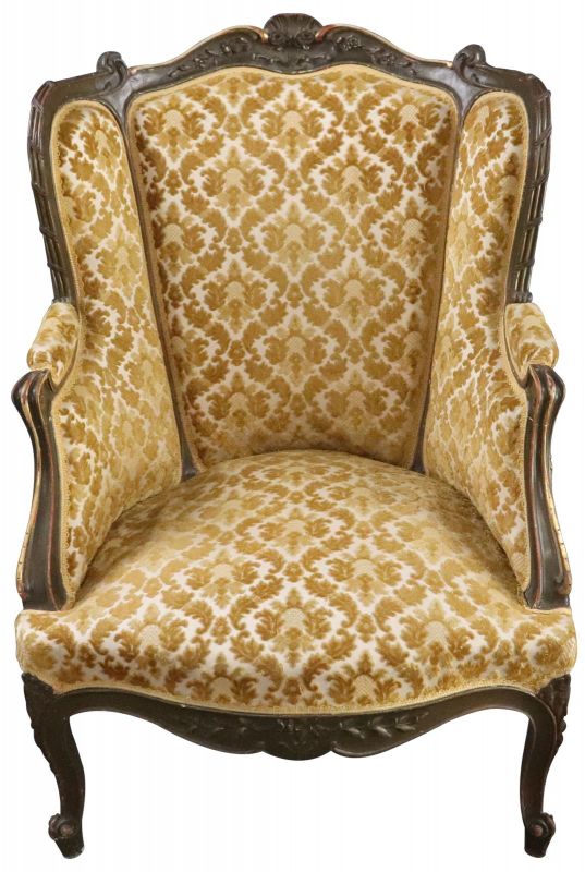 Arm Chair Louis XV Rococo Yellow Brocade Velour Upholstery Painted Oak Wood 1920