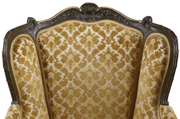 Arm Chair Louis XV Rococo Yellow Brocade Velour Upholstery Painted Oak Wood 1920