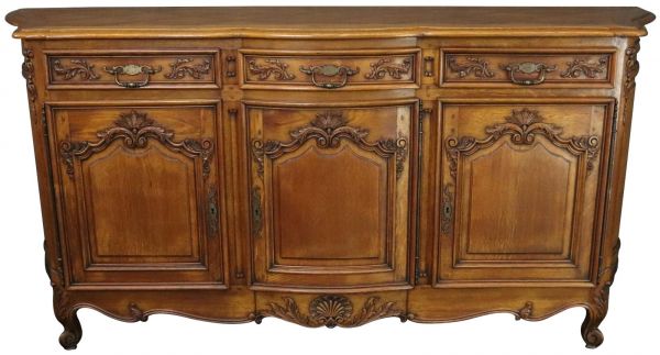 Sideboard Louis XV Rococo French Vintage 1930 Carved Oak 3-Door 3-Drawer