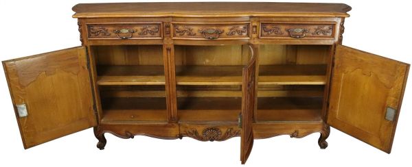 Sideboard Louis XV Rococo French Vintage 1930 Carved Oak 3-Door 3-Drawer