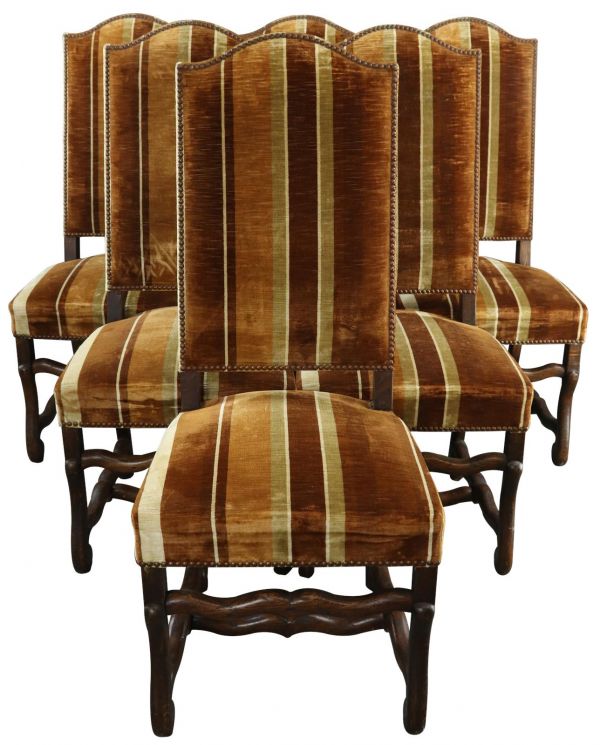 Dining Chairs French Sheepbone Set 6 1930 Oak Brown/Beige Stripe Upholstery