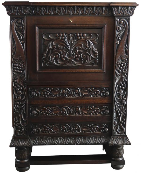 Secretary Desk Renaissance Vintage French 1930 Heavily Carved Oak Drawer Storage