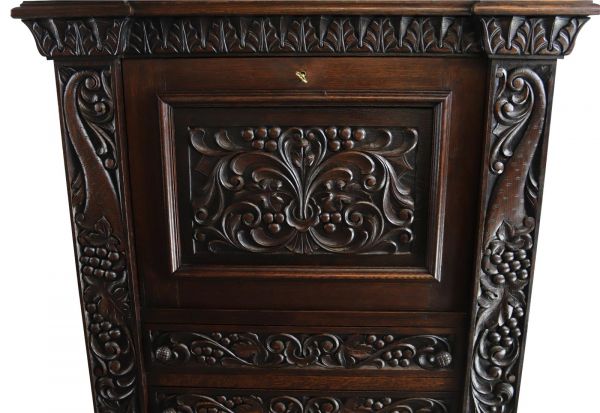 Secretary Desk Renaissance Vintage French 1930 Heavily Carved Oak Drawer Storage