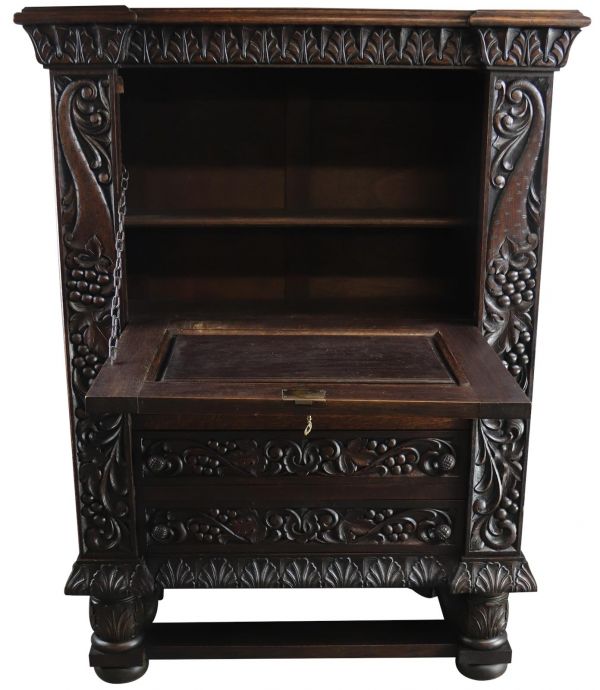 Secretary Desk Renaissance Vintage French 1930 Heavily Carved Oak Drawer Storage