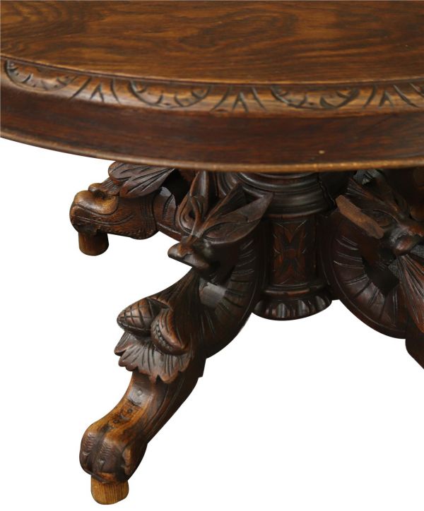 Table Antique French Renaissance Hunting Style 1880 Wild Beast Carved Pedestal