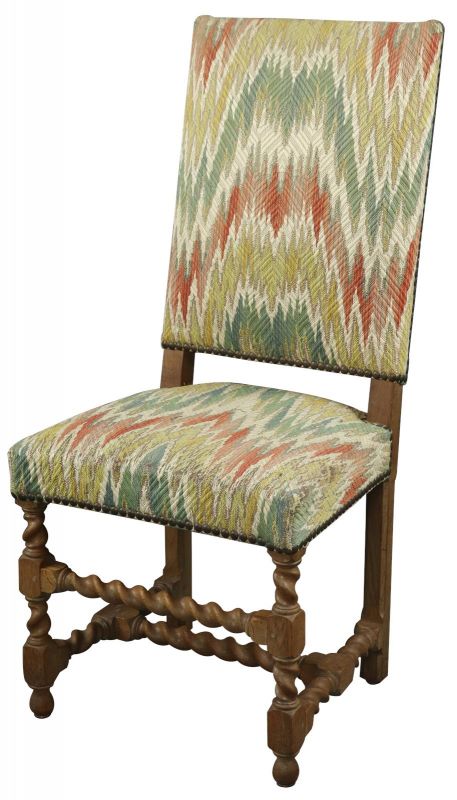Dining Chairs Renaissance Set 6 French 1930 Oak Wood Green Rust Zigzag Fabric