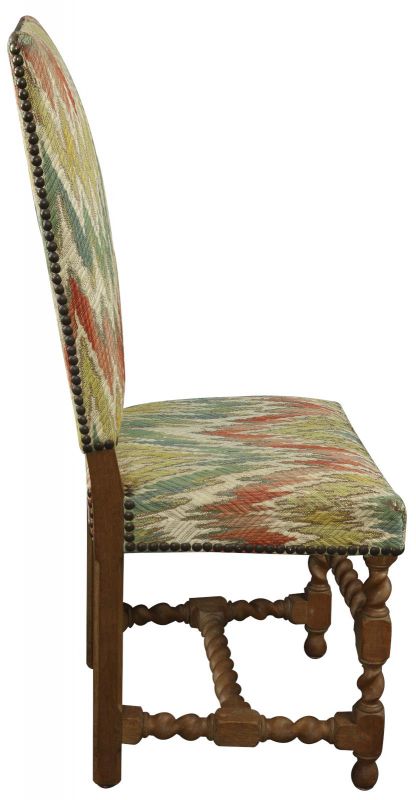 Dining Chairs Renaissance Set 6 French 1930 Oak Wood Green Rust Zigzag Fabric