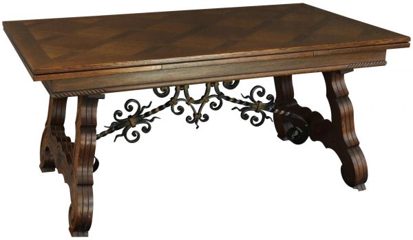 Table Renaissance Oak Vintage French 1950 Extending Wood Wrought Iron