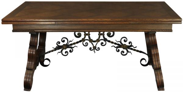 Table Renaissance Oak Vintage French 1950 Extending Wood Wrought Iron