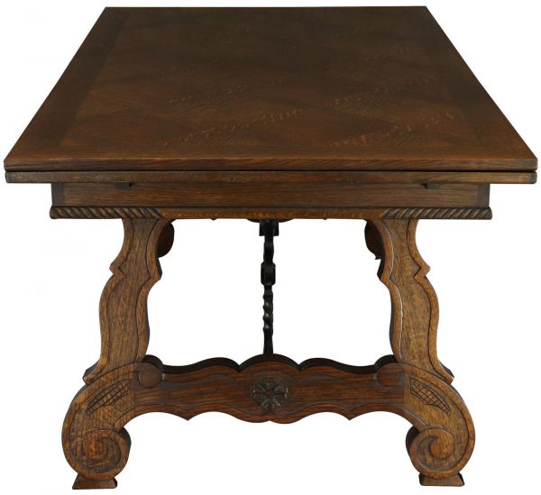 Table Renaissance Oak Vintage French 1950 Extending Wood Wrought Iron