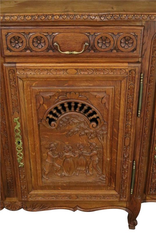 Sideboard Brittany Antique French Dancing Carved Figures Oak 1900 4-Door