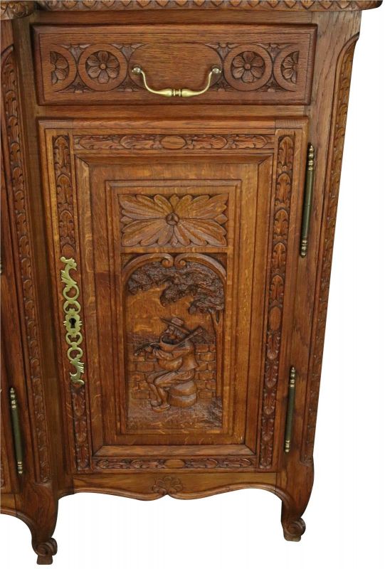 Sideboard Brittany Antique French Dancing Carved Figures Oak 1900 4-Door