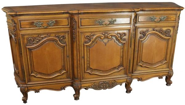 Sideboard Louis XV Rococo French Vintage 1950 Carved Oak 3-Door 3-Drawer