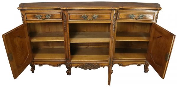 Sideboard Louis XV Rococo French Vintage 1950 Carved Oak 3-Door 3-Drawer