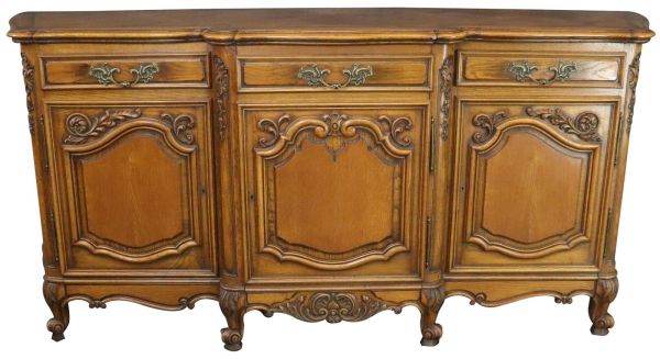Sideboard Louis XV Rococo French Vintage 1950 Carved Oak 3-Door 3-Drawer