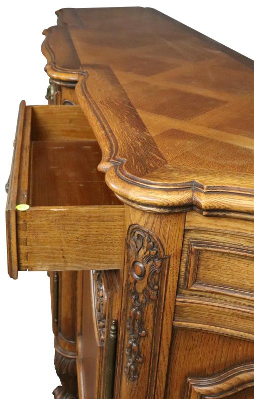 Sideboard Louis XV Rococo French Vintage 1950 Carved Oak 3-Door 3-Drawer