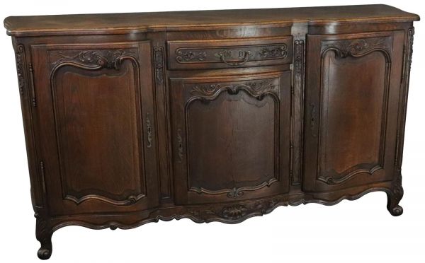 Sideboard Louis XV Rococo French Vintage 1950 Carved Oak 3-Door 3-Drawer