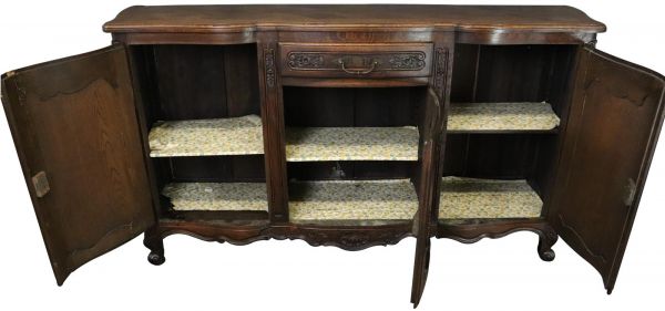 Sideboard Louis XV Rococo French Vintage 1950 Carved Oak 3-Door 3-Drawer
