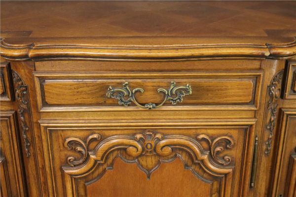 Sideboard Louis XV Rococo French Vintage 1950 Carved Oak 3-Door 3-Drawer